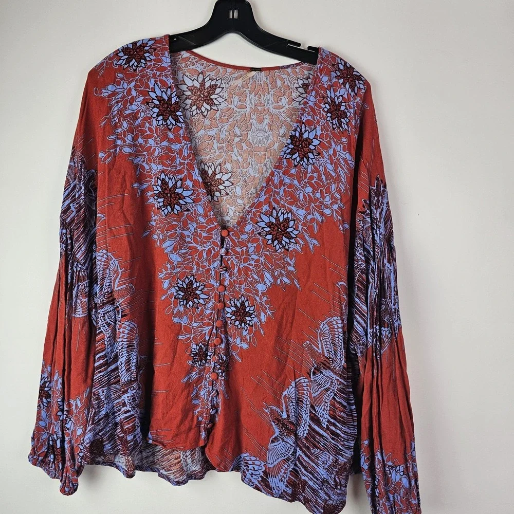 Free People Pumpkin Orange Blue Birds of a Feather Top Blouse L Oversized Boho